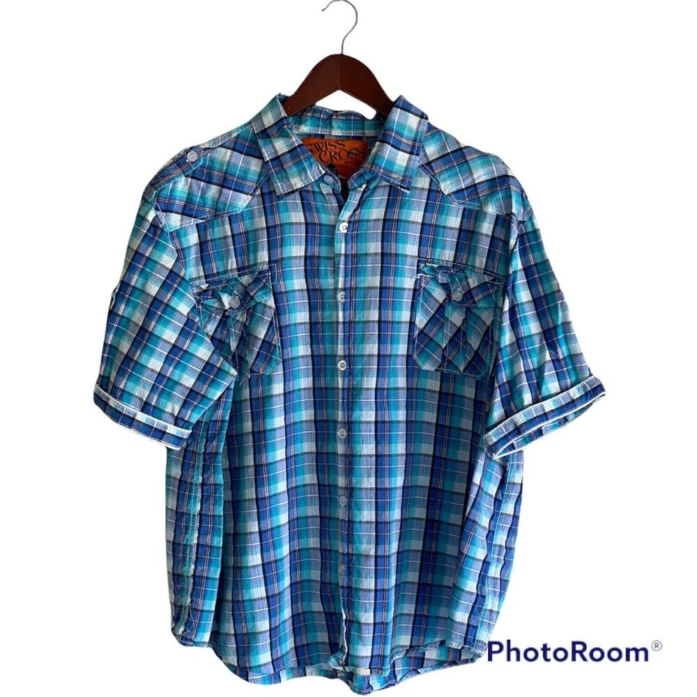 Swiss Cross Men's Casual Button Up Plaid Shirt w Patches L Large Rolling Stones